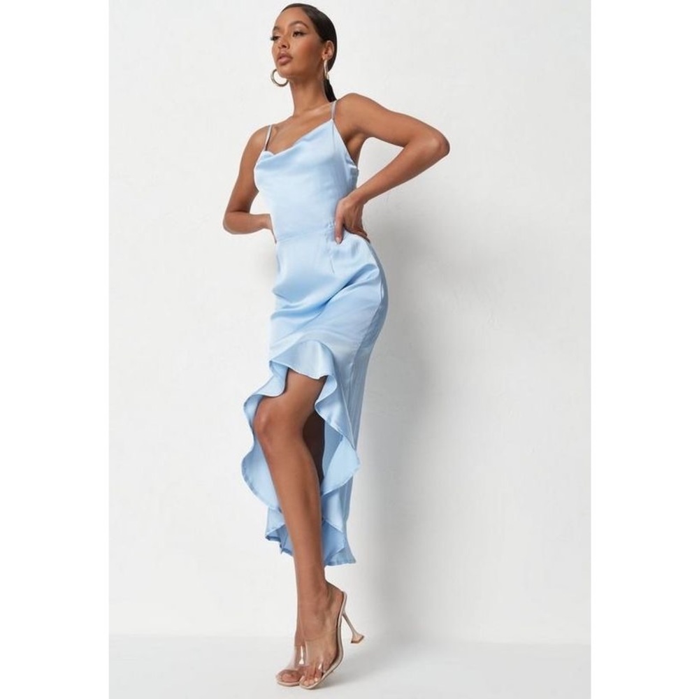 Missguided Blue Satin Ruffle Side Cami Midi Dress
